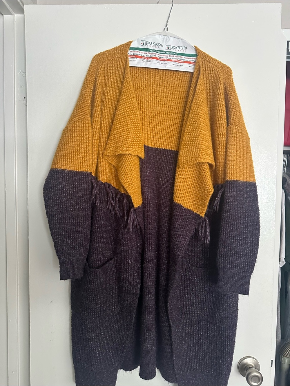 Source Unknown Mustard & Dark Brown Colorblock Fringe Open-Front Cardigan